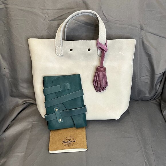 Portland Leather Handbags - Portland Leather, Crossbody Tote, Beluga/White, w/Journal & Tassel Bag Charm